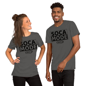 A black man and white woman wearing asphalt color shirts that say Soca Mode in black print on the front.