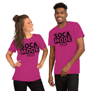 A black man and white woman wearing berry color shirts that say Soca Mode in black print on the front.