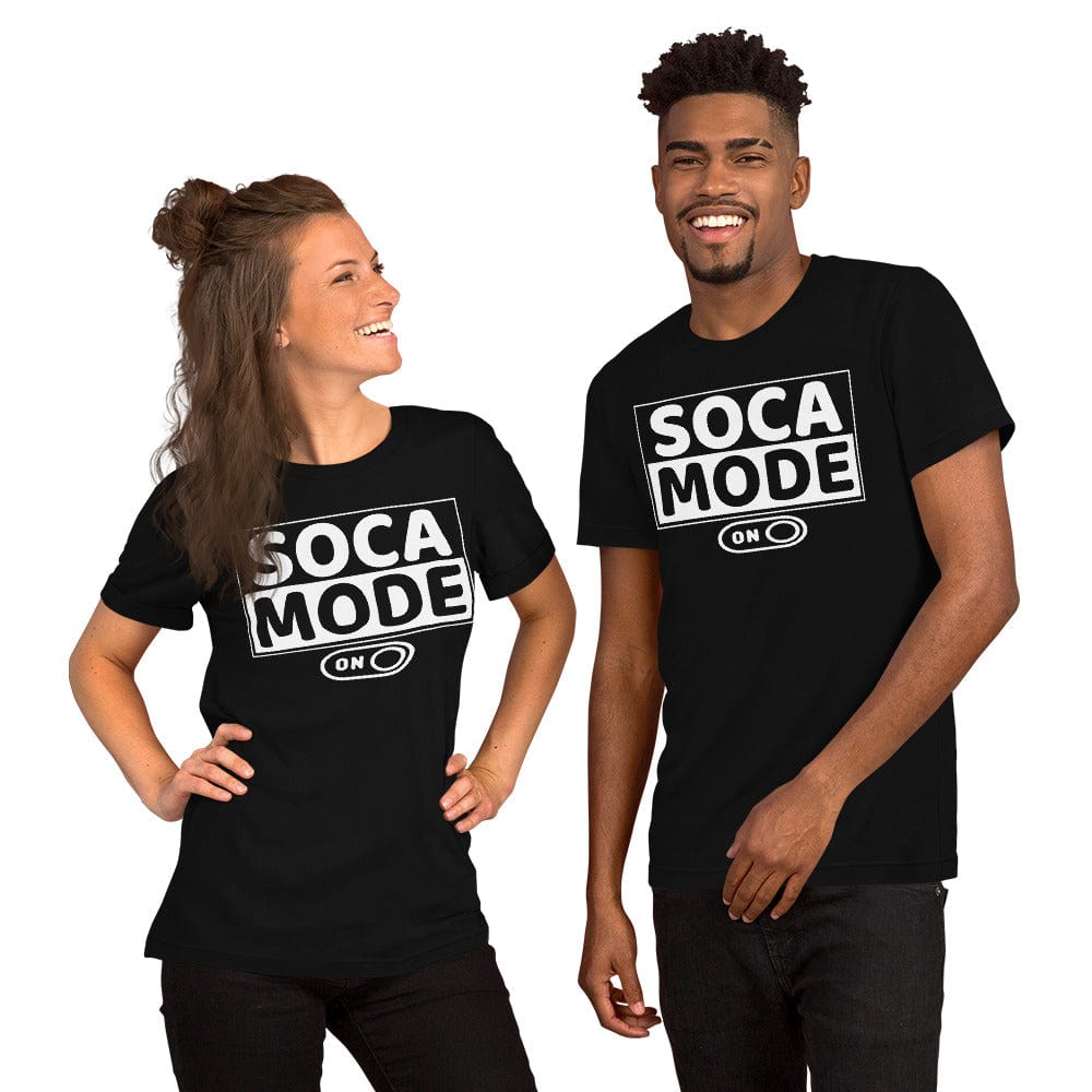 A black man and white woman wearing black color shirts that says Soca Mode in white print on the front.