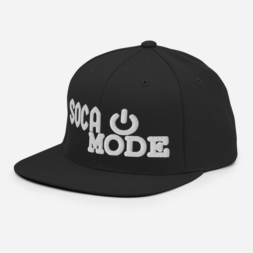 Soca Mode embroidered in white on black color snapback Hat.