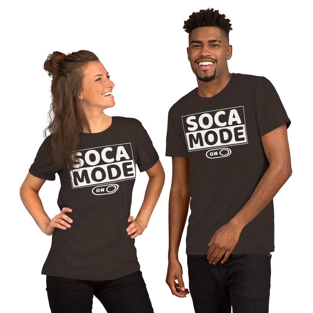 A black man and a white woman wearing brown color shirts which says Soca Mode in white print on the front.