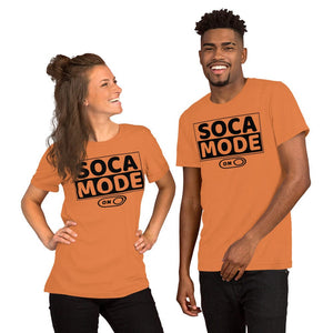 A black man and white woman wearing burnt orange color shirts that says Soca Mode in black print on the front.
