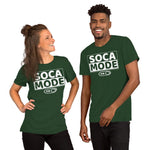 A black man and a white woman wearing forest color shirts that says Soca Mode in white print on the front.