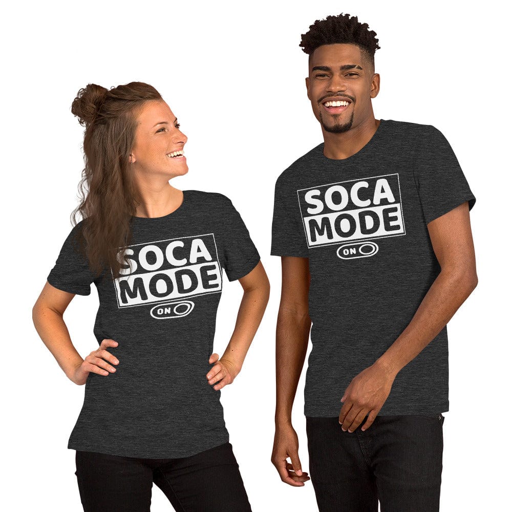 A black man and a white woman wearing grey heather color shirts that says Soca Mode in white print on the front.