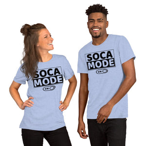 A black man and white woman wearing heather blue  color shirts that says Soca Mode in black print on the front.