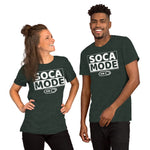 A black man and a white woman wearing heather forest color shirts that says Soca Mode in white print on the front.