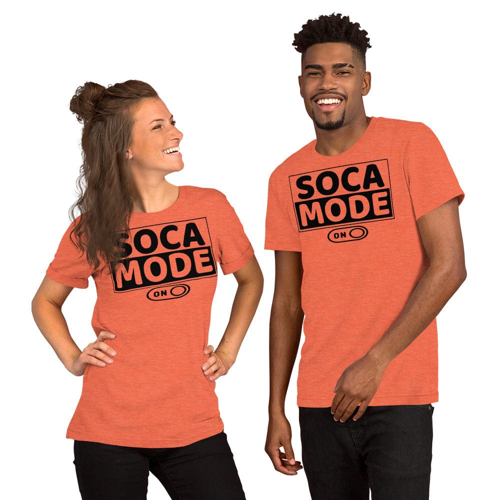 A black man and white woman wearing heather orange color shirts that says Soca Mode in black print on the front.