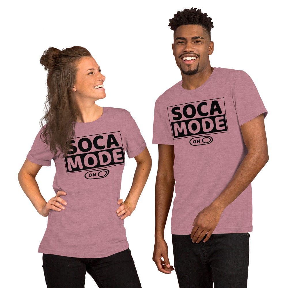 A black man and white woman wearing heather orchid color shirts that says Soca Mode in black print on the front.