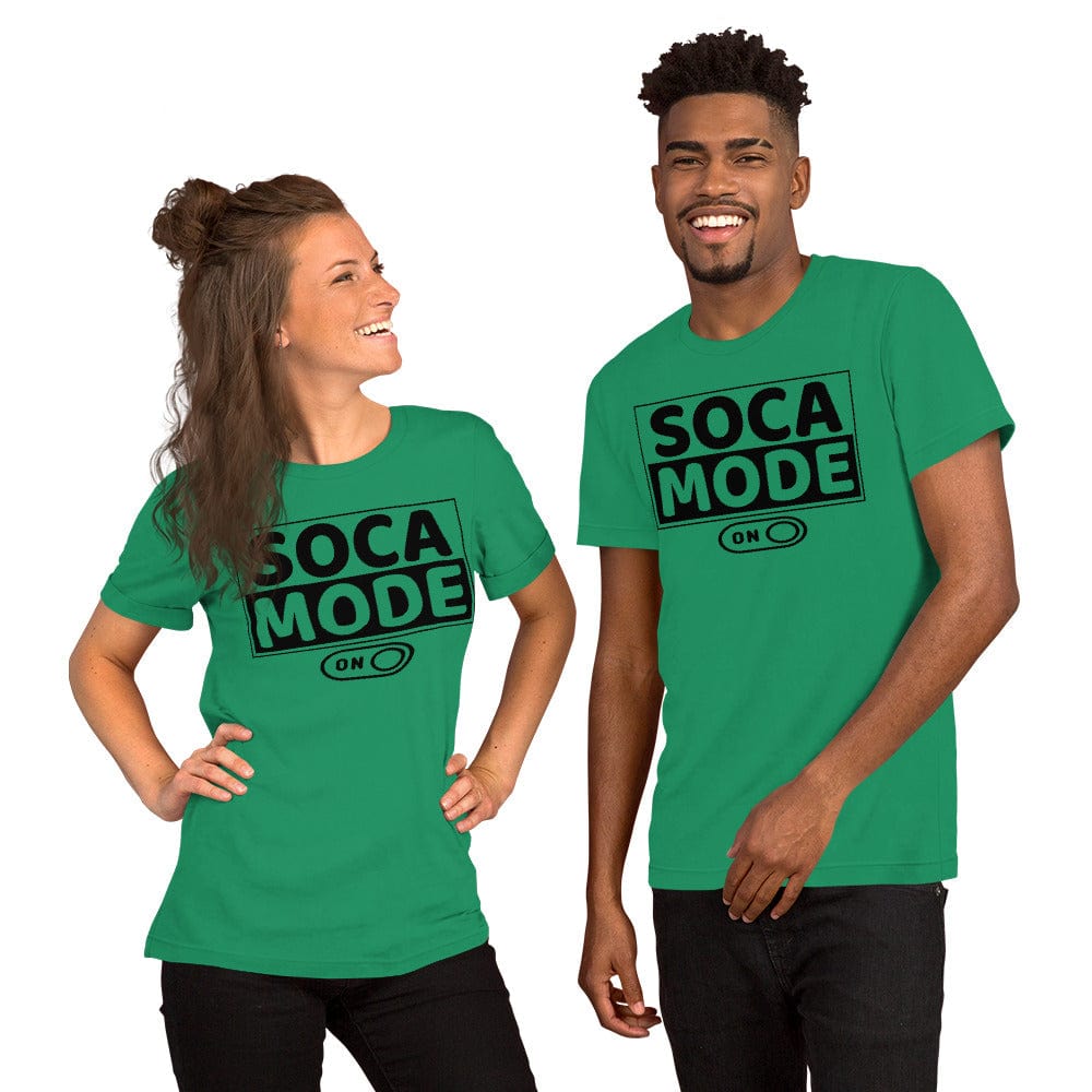 A black man and white woman wearing kelly color shirts that say Soca Mode in black print on the front.
