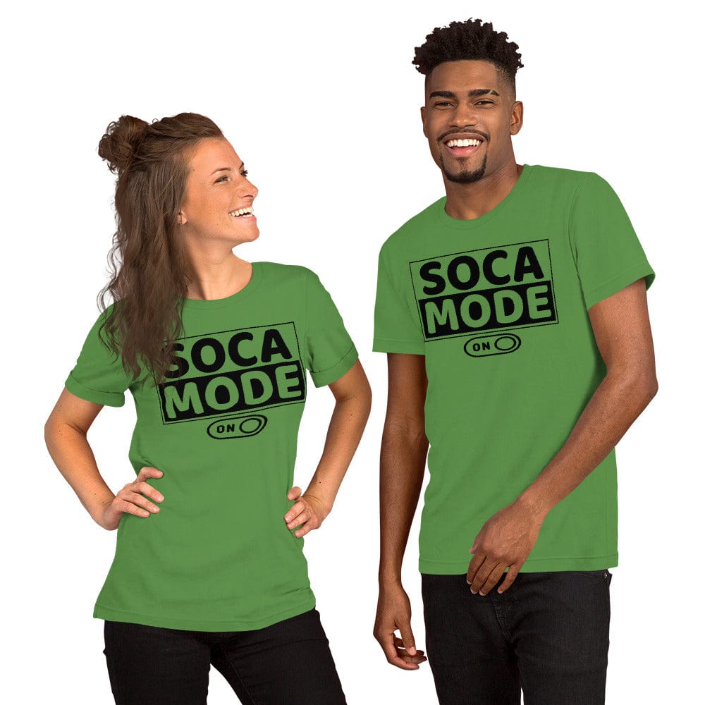 A black man and white woman wearing leaf color shirts that say Soca Mode in black print on the front.
