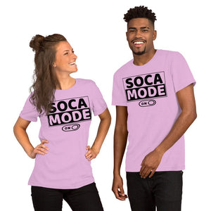A black man and white woman wearing lilac color shirts that says Soca Mode in black print on the front.