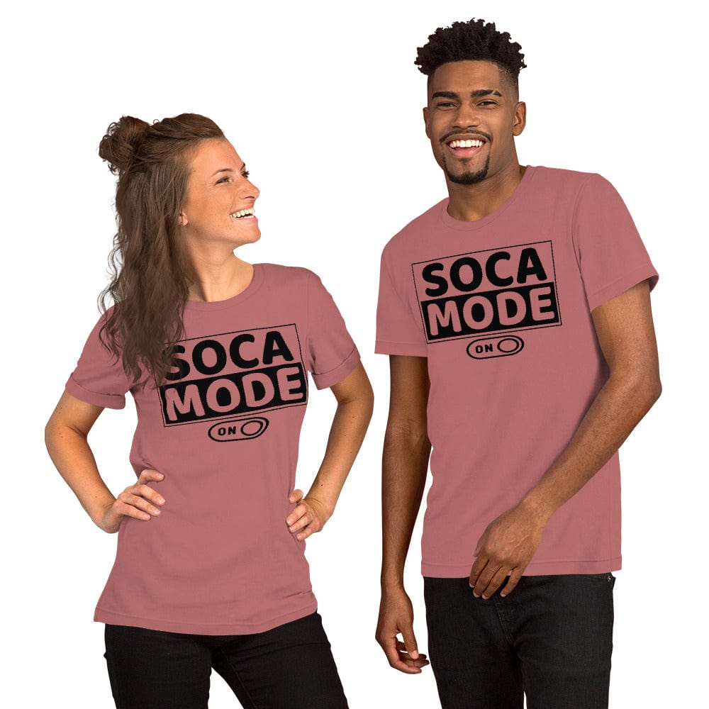 A black man and white woman wearing mauve color shirts that say Soca Mode in black print on the front.