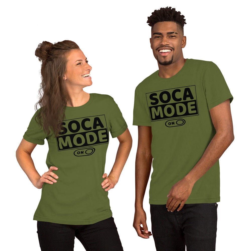 A black man and white woman wearing olive color shirts that says Soca Mode in black print on the front.