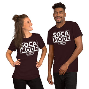 A black man and a white woman wearing oxblood black color shirts that says Soca Mode in white print on the front.