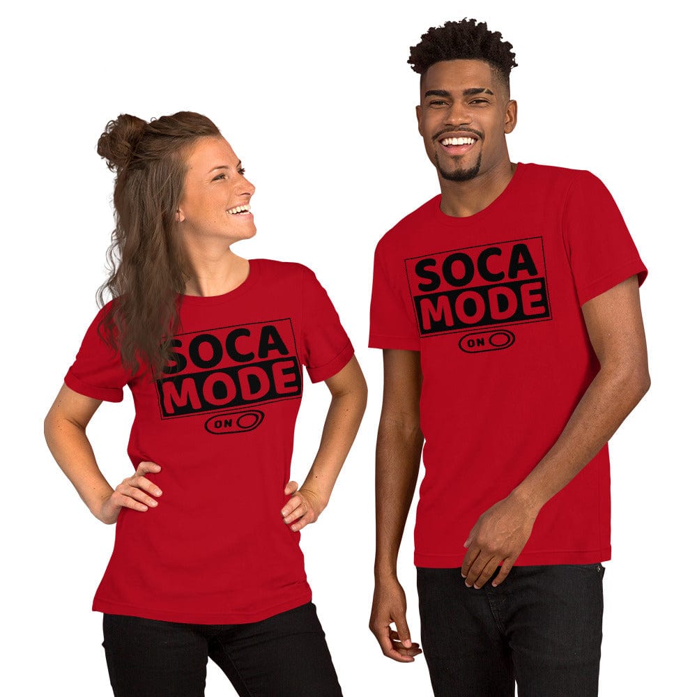 A black man and white woman wearing red color shirts that say Soca Mode in black print on the front.