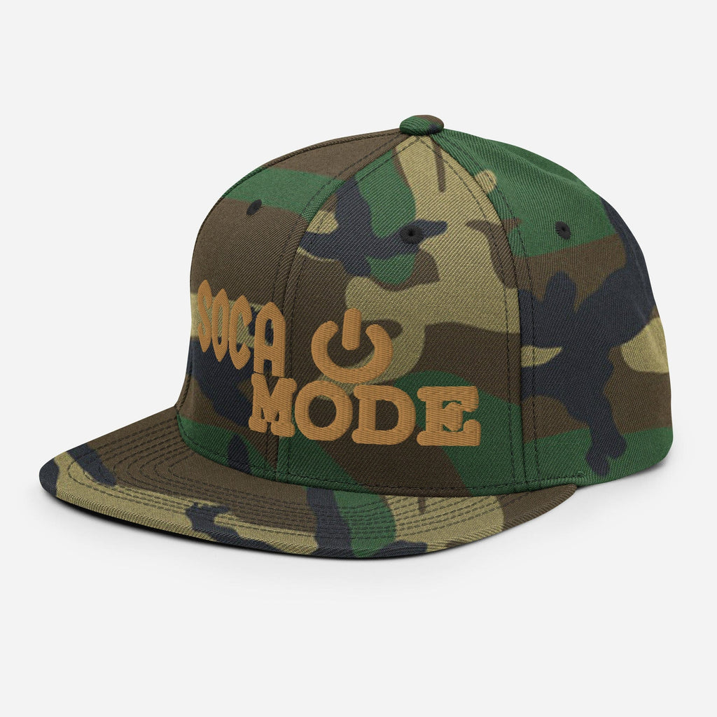 Soca Mode embroidered in gold on green camo Snapback Hat.