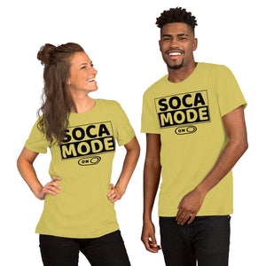 A black man and white woman wearing strobe color shirts that says Soca Mode in black print on the front.