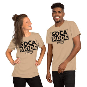 A black man and white woman wearing tan color shirts that says Soca Mode in black print on the front.