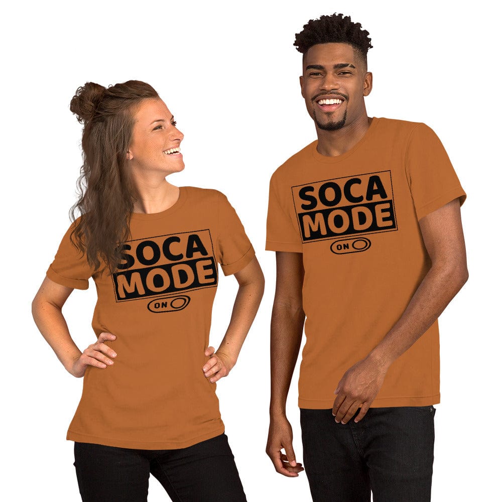 A black man and white woman wearing toast color shirts that say Soca Mode in black print on the front.