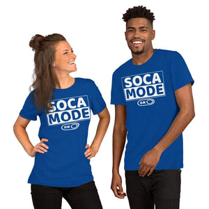 A black man and a white woman wearing true royal color shirts that says Soca Mode in white print on the front.