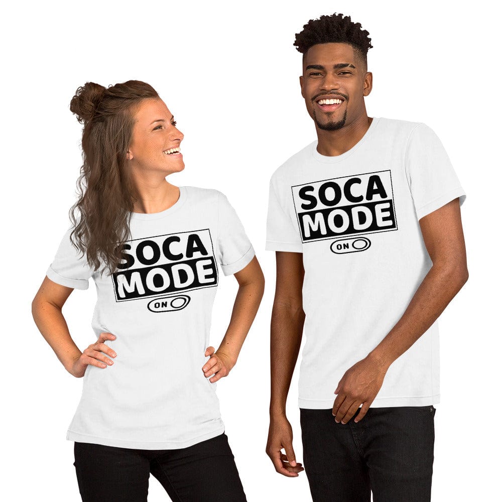 A couple wearing white color shirts that says Soca Mode in black print on the front.