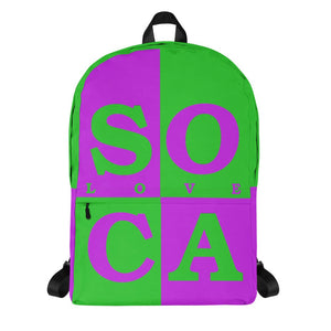 Front of soca mode purple and green soca backpack.