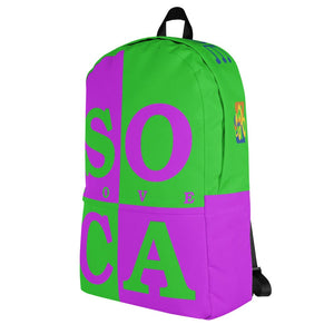 Left of soca mode purple and green soca backpack.