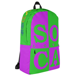 Right side of soca mode purple and green soca backpack.