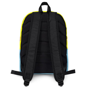 Back of soca mode yellow and blue soca backpack.