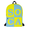  Front of soca mode yellow and blue soca backpack.