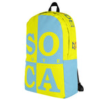 Left side of soca mode yellow and blue soca backpack.
