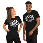 A black man and white woman wearing black heather color shirts that says Soca Mode in white print on the front.