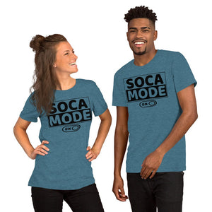 A black man and white woman wearing heather deep teal color shirts that say Soca Mode in black print on the front.