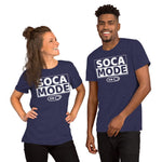 A black man and white woman wearing grey heather midnight navy color shirts that says Soca Mode in white print on the front.