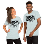 A black man and a white woman wearing heather prism ice blue color shirts that says Soca Mode in black print on the front.