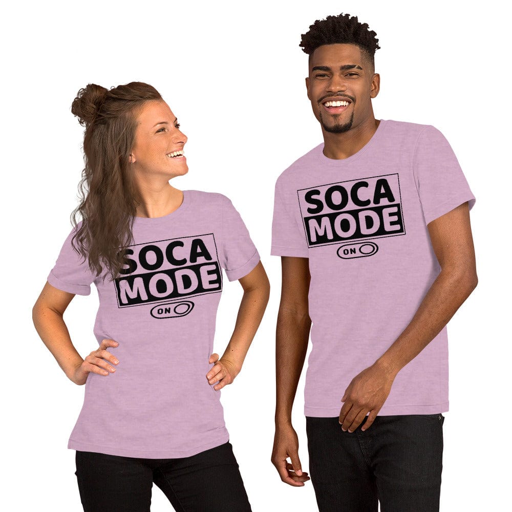A black man and white woman wearing heather prism color shirts that says Soca Mode in black print on the front.