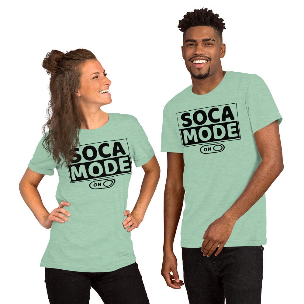 A black man and white woman wearing heather prism mint color shirts that says Soca Mode in black print on the front.