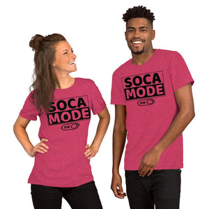 A black man and white woman wearing heather raspberry color shirts that say Soca Mode in black print on the front.