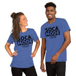 A black man and white woman wearing heather true royal color shirts that say Soca Mode in black print on the front.