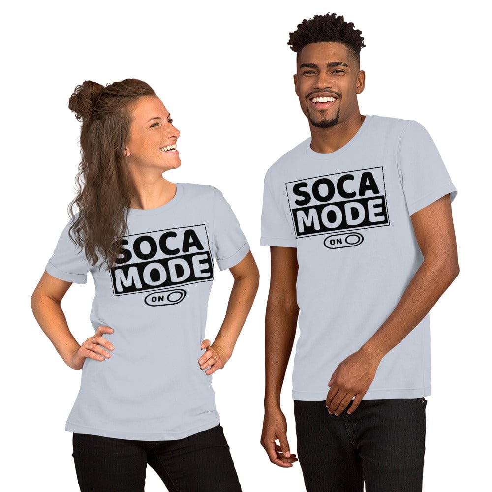 A black man and a white woman wearing light blue color shirts that says Soca Mode in black print on the front.