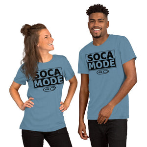 A black man and white woman wearing steel blue color shirts that says Soca Mode in black print on the front.
