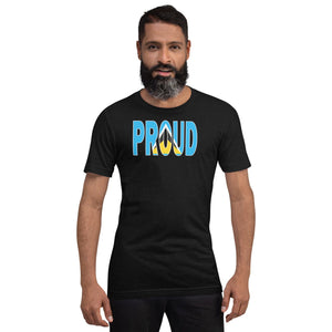  St. Lucia Flag designed to spell Proud on a black color t-shirt worn by a black man.