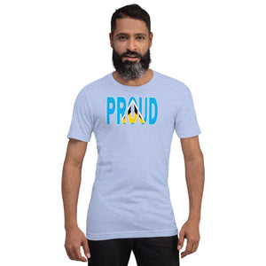 St. Lucia Flag designed to spell Proud on a purple color t-shirt worn by a black man.