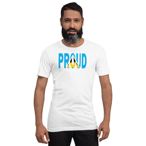 St. Lucia Flag designed to spell Proud on a white color t-shirt worn by a black man.