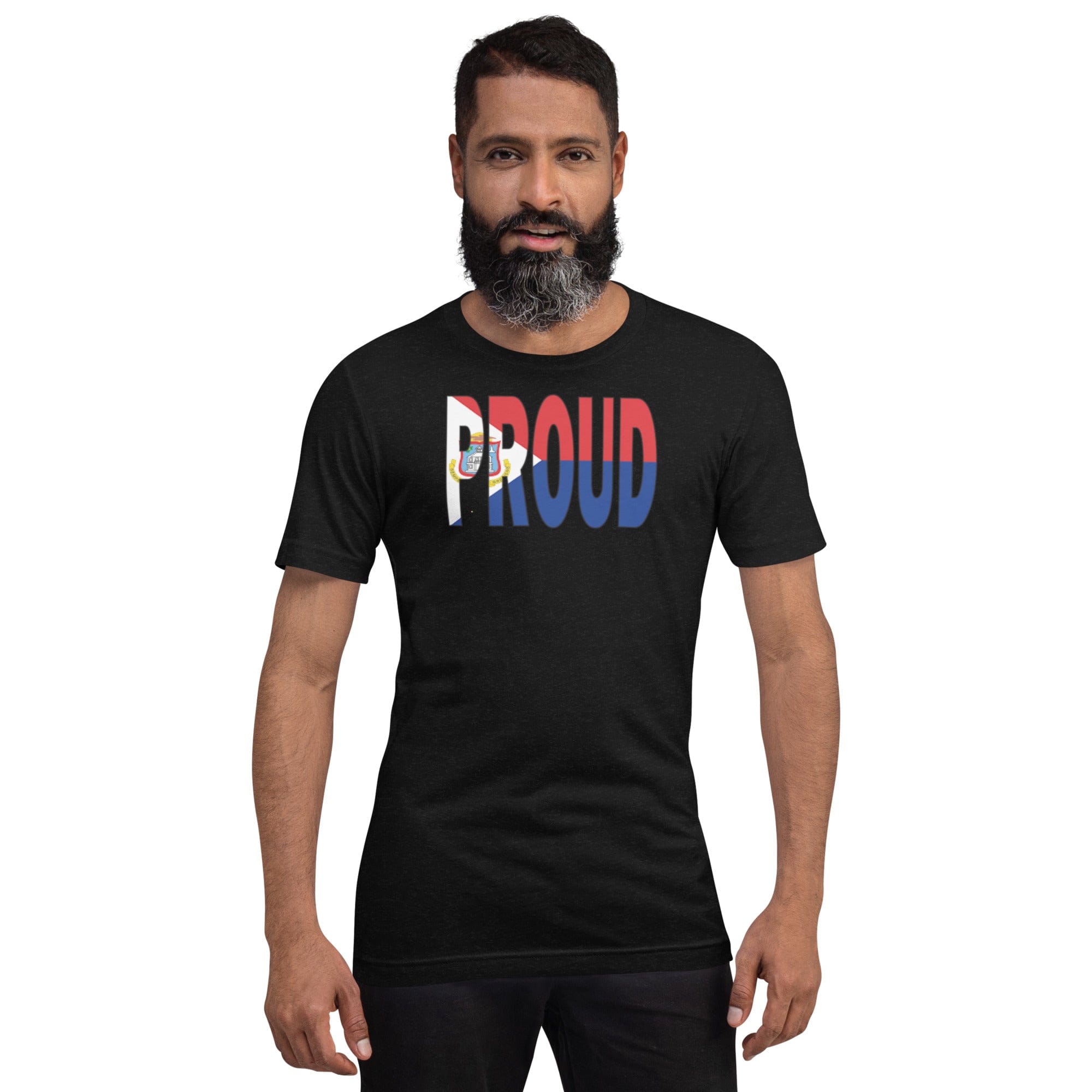 St. Maarten Flag designed to spell Proud on a black color t-shirt worn by a black man.