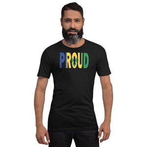 St. Vincent Flag designed to spell Proud on a black color t-shirt worn by a black man.