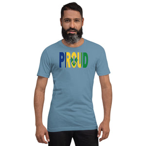 St. Vincent Flag designed to spell Proud on a blue color t-shirt worn by a black man.