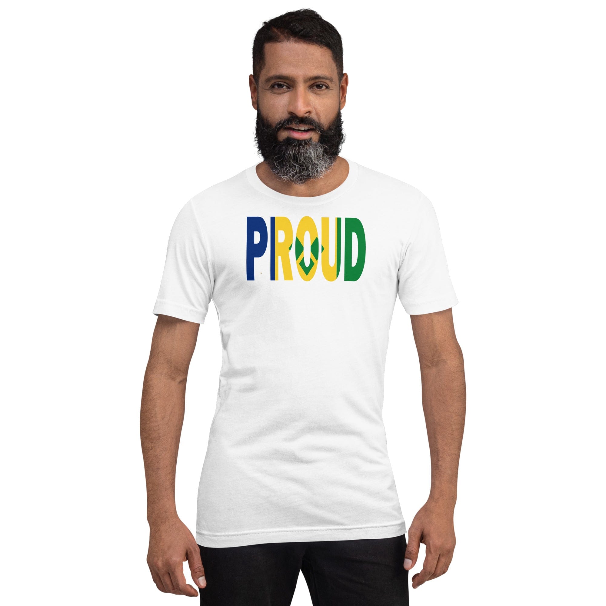 St. Vincent Flag designed to spell Proud on a white color t-shirt worn by a black man.