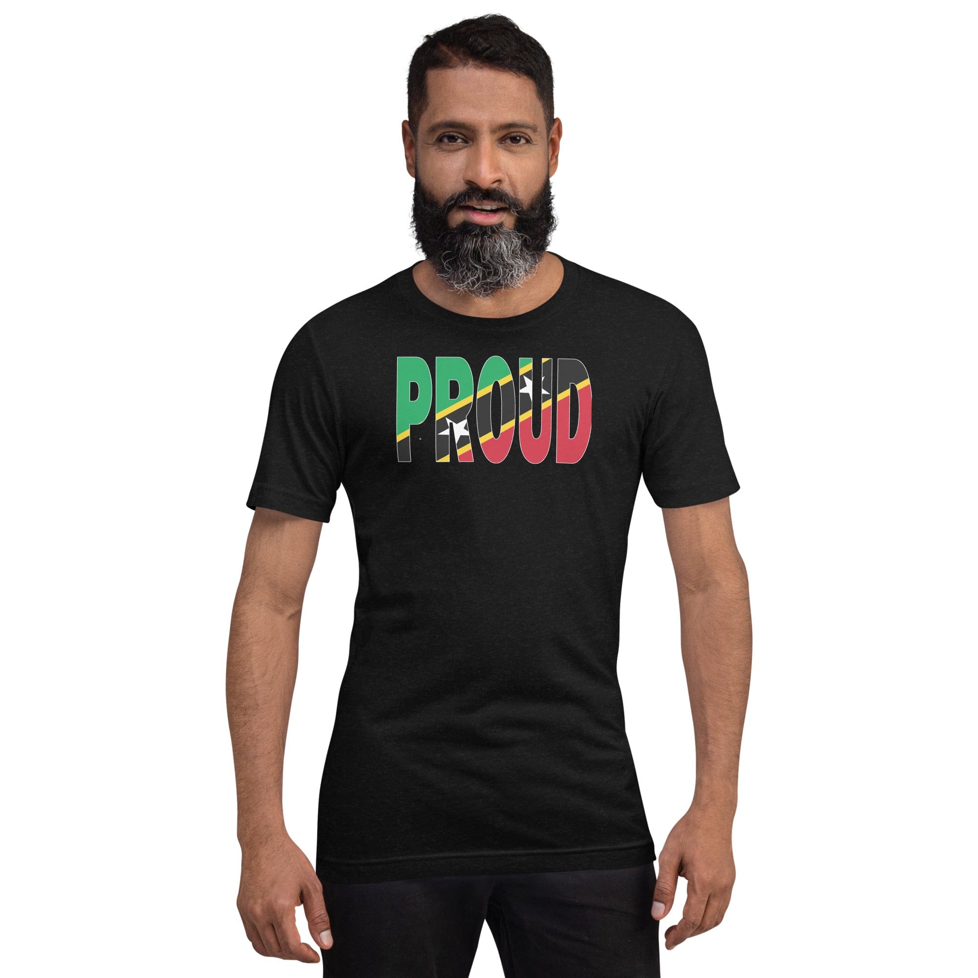 St. kitts Flag designed to spell Proud on a black color t-shirt worn by a black man.