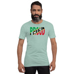 St. kitts Flag designed to spell Proud on a green color t-shirt worn by a black man.